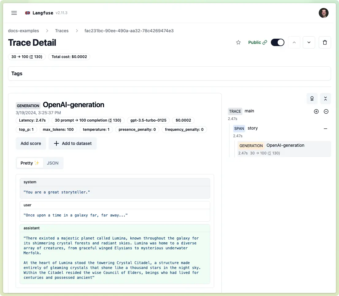 Example trace in the Langfuse UI