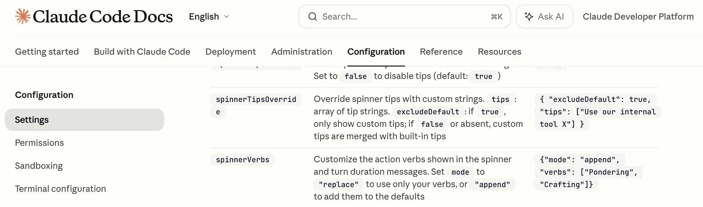 Claude Code Docs &mdash; spinnerVerbs settings